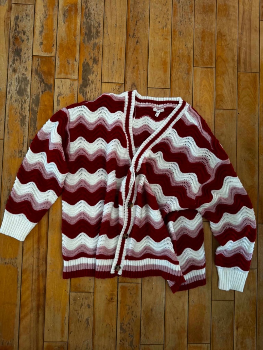 Maurices Red Pink White Chevron Stripe Cardigan Sweater Valentines Cottagecore - Picture 2 of 4